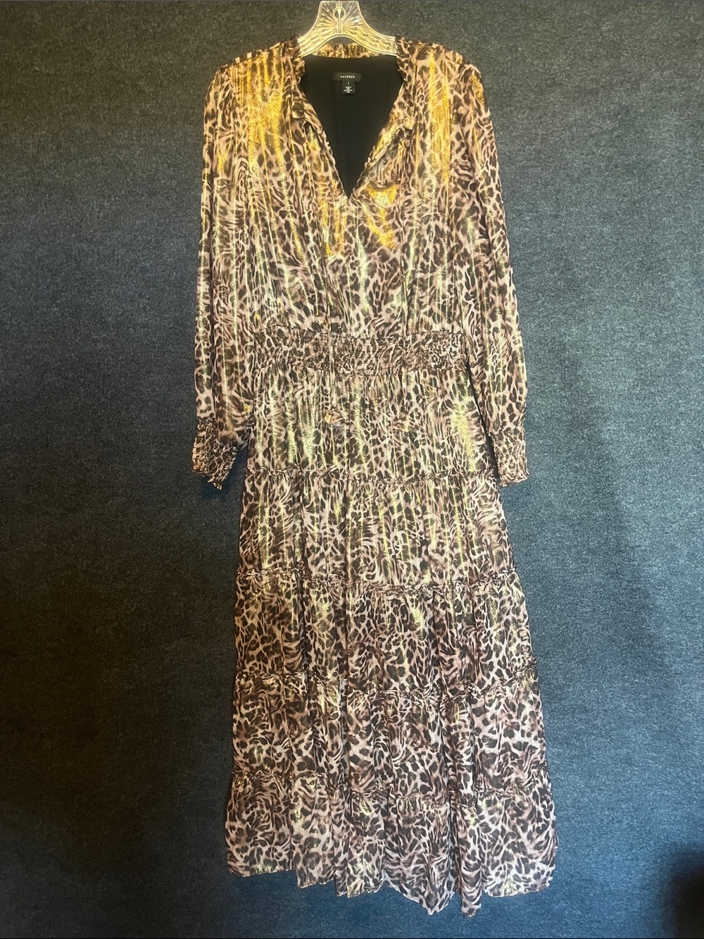 Halogen Brown and Black Leopard Print Pleated Maxi Dress